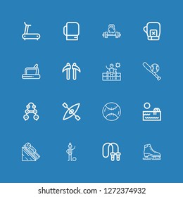 Editable 16 athlete icons for web and mobile. Set of athlete included icons line Ice skate, Jumping rope, Football player, Luge, Swimming pool, Baseball, Kayak on blue background