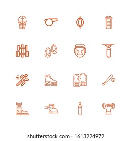 Editable 16 athletic icons for web and mobile. Set of athletic included icons line Dumbbell, Punching bag, Shoe, Baseball, Boxing gloves, Ice skate, Running on white background