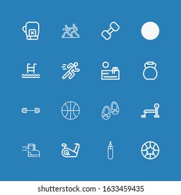 Editable 16 athletic icons for web and mobile. Set of athletic included icons line Basketball, Punching bag, Stationary bike, Shoe, Bench press, Shoes, Barbell on blue background