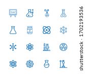 Editable 16 atom icons for web and mobile. Set of atom included icons line Flask, Energy, Atom, Radioactive, Positive ion, Molecule, Physics, Proteins, Formula on white background