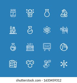 Editable 16 atom icons for web and mobile. Set of atom included icons line Positive ion, Scientist, Molecule, Science, Geothermal, Formula, Chemistry, Flask on blue background