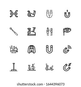 Editable 16 attractive icons for web and mobile. Set of attractive included icons line Magnetism, Stationary bike, Pole dance, Magnet, Wig, Attraction, Mascara on white background