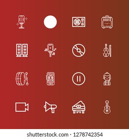 Editable 16 audio icons for web and mobile. Set of audio included icons line Acoustic guitar, Piano, Speaker, Video, Call center, Pause, Voice recorder, Drum, Violin, Cd on red
