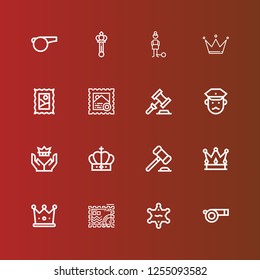 Editable 16 authority icons for web and mobile. Set of authority included icons line Whistle, Sheriff, Stamp, Crown, Auction, Policeman, Guilt, Scepter on red