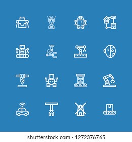 Editable 16 automation icons for web and mobile. Set of automation included icons line Conveyor, Mill, Robotic arm, Autonomous car, Robot, Robot arm, Smart home on blue background