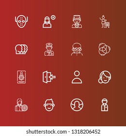 Editable 16 avatar icons for web and mobile. Set of avatar included icons line Policeman, User, Man, Employee, Woman, Login, Admin, Ponytail, Heads, Add user, Serial killer on red