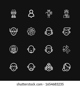 Editable 16 iconos de avatar para web y móvil. Conjunto de avatares incluidos íconos línea Woman, Avatar, Voodoo, Customer, User, Serial Killer, Policeman, Troll, Mafia en fondo negro