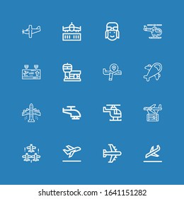 Editable 16 aviation icons for web and mobile. Set of aviation included icons line Landing, Airplane, Take off, Aircraft, Plane, Helicopter, Aeroplane, Airport on blue background