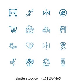 Editable 16 awareness icons for web and mobile. Set of awareness included icons line Charity, Clothes donation, Donation, Reflect, Food donation, Hope, Shelter on white background