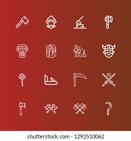 Editable 16 axe icons for web and mobile. Set of axe included icons line Scythe, Axes, Axe, Lance, Penknife, Mace, Viking, Camping, Log, Caveman, Firefighter on red