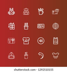 Editable 16 back icons for web and mobile. Set of back included icons line Body, Return, Pencil case, Backpack, Backward, Tshirt, Gift card, Refund, Postcard, Oxigen on red