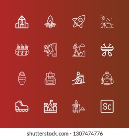Editable 16 backpack icons for web and mobile. Set of backpack included icons line Scout, Hiking, School, Climbing, Backpack, Sleeping bag, Canoe, Rafting, Camping, Adventure on red