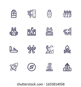 Editable 16 backpack icons for web and mobile. Set of backpack included icons line School, Bonfire, Adventure, Hiking, Canoe, Penknife, Backpack, Rafting, Sleeping bag on white background