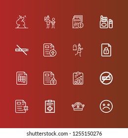 Editable 16 bad icons for web and mobile. Set of bad included icons line Unhappy, Pirate hat, File, No smoking, Terror, No smoke, Cigarette, Neglect, Smoke on red