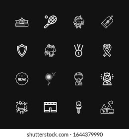 Editable 16 badge icons for web and mobile. Set of badge included icons line Mountains, Torch, Short, Unicorn, Queen, Military, Dandelion, New, Ribbon, Medal on black background