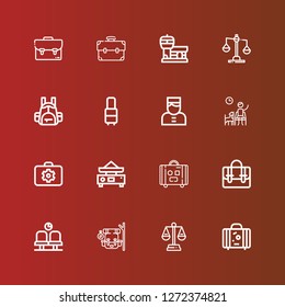 Editable 16 baggage icons for web and mobile. Set of baggage included icons line Suitcase, Balance, Backpack, Waiting room, Briefcase, Bellboy, Airport on red