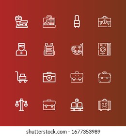 Editable 16 iconos de equipaje para web y móvil. El juego de equipajes incluye iconos línea Maleta, Sala de espera, Equilibrio, Maletín, Equipaje, Guía de viaje, Mochila, Viajero, Aeropuerto en rojo