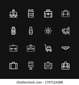 Editable 16 baggage icons for web and mobile. Set of baggage included icons line Briefcase, Suitcase, Flight information, Balance, Luggage, Backpack, Waiting room on black background