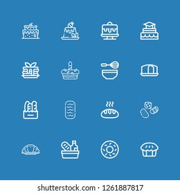 Editable 16 bakery icons for web and mobile. Set of bakery included icons line Pie, Bagel, Food, Croissant, Sweets, Bread, Baguettes, Sponge cake, Whisk, Cake on blue background