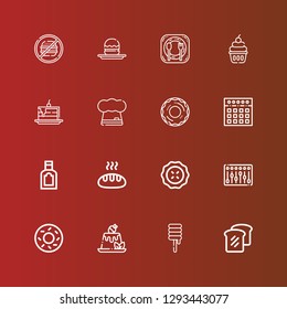 Editable 16 bakery icons for web and mobile. Set of bakery included icons line Bread, Sweet, Pudding, Bagel, Mixer, Pie, Food, Donut, Chef, Cake, Cupcake, Restaurant, Profiterole on red