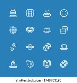Editable 16 bakery icons for web and mobile. Set of bakery included icons line Biscuit, Pretzel, Pastry, Pudding, Jelly, Cookies, Rolling pin, Macaron, Cake on blue background