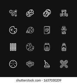 Editable 16 baking icons for web and mobile. Set of baking included icons line Wooden spoon, Yeast, Cookies, Cookie, Waffle iron, Measuring spoons on black background