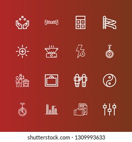 Editable 16 balance icons for web and mobile. Set of balance included icons line Levels, Receipt, Equalizer, Monocycle, Yin yang, Equality, Weight, Cooking, Unicycle, Auto flash on red