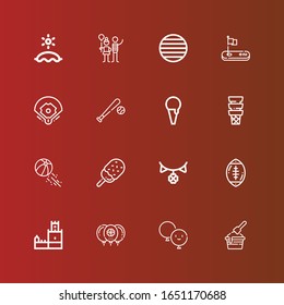 Editable 16 ball icons for web and mobile. Set of ball included icons line Ice cream, Balloon, Belem tower, Rugby ball, Garland, Beach Baseball, Baseball field, Golf on red