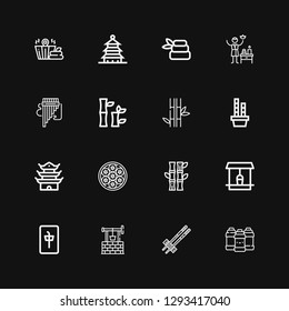 Editable 16 bamboo icons for web and mobile. Set of bamboo included icons line Acrylic, Chopsticks, Well, Mahjong, Bamboo, Baozi, Pagoda, Panpipe, Spa, Zen on black background