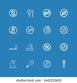 Editable 16 ban icons for web and mobile. Set of ban included icons line Weapons, No alcohol, Weapon, Smoke, Banned, No weapons, Blocks, Cigarette, No drugs on blue background