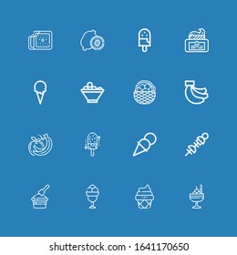 Editable 16 banana icons for web and mobile. Set of banana included icons line Ice cream, Vegetables, Fruits, Bananas, Fruit, Fruit bowl, Cream, Kiwi on blue background