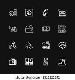 Editable 16 banking icons for web and mobile. Set of banking included icons line Exchange, Coins, Money, Bitcoin, Line, Cash register, Riches, Money bag, Budget on black background