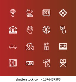 Editable 16 iconos bancarios para web y móvil. Conjunto de banca incluía iconos línea Dinero, Dólar, Caja fuerte, Monedas, Factura, Oro, Bolsa de Sangre, Moneda, Ganancias, Tribunal, Bitcoin en rojo