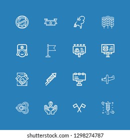 Editable 16 banner icons for web and mobile. Set of banner included icons line Fireworks, Flag, Ribbon, Thai, Airplane, Billboard, Deal, Russian, Wheat, Holland on blue background