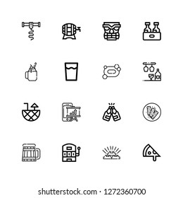 Editable 16 bar icons for web and mobile. Set of bar included icons line Pizza, Gold, Slot machine, Beer, Chocolate bar, Analytics, Cocktail, Bar, Soap, Drink on white background