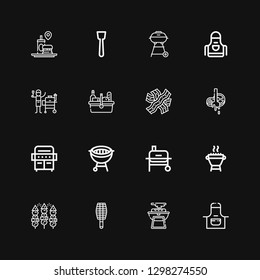 Editable 16 barbecue icons for web and mobile. Set of barbecue included icons line Apron, Bbq, BBQ grill, Grill, Butcher, Bacon, Picnic, Barbecue grill, Spatula on black background
