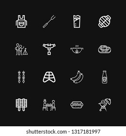 Editable 16 barbecue icons for web and mobile. Set of barbecue included icons line Barbecue, Hotdog, Fast food, Grill, Ketchup, Sausages, Ribs, Brochette, Steak on black background