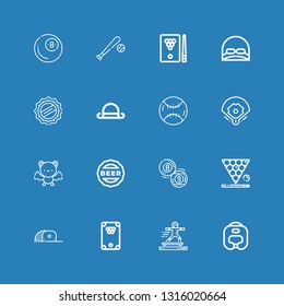 Editable 16 baseball icons for web and mobile. Set of baseball included icons line Boxing helmet, Sport, Billiard, Cap, Snooker, Bat, Baseball field, on blue background