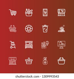 Editable 16 basket icons for web and mobile. Set of basket included icons line Shopping basket, Throw, Shop, Online shop, Hot air balloon, Store, Delivery cart on red