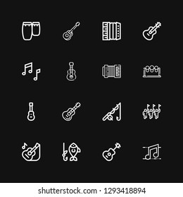 Editable 16 bass icons for web and mobile. Set of bass included icons line Music, Guitar, Fishing, Parade, Acoustic guitar, Drums, Accordion, Conga on black background