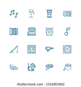 Editable 16 bass icons for web and mobile. Set of bass included icons line Bagpipes, Blaster, Fishing, Music, Control panel, Musical note, Drums, Philharmonic on white background