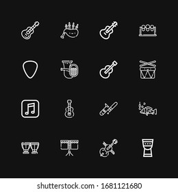 Editable 16 bass icons for web and mobile. Set of bass included icons line Timpani, Cello, Drum, Fishing, Trombone, Acoustic guitar, Music, Drums, Guitar, Tuba on black background