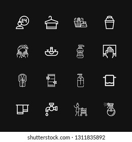 Editable 16 bath icons for web and mobile. Set of bath included icons line Washing, Room service, Tap, Towel, Soap, Bathrobe, Cleaning, Shampoo, Sink, Bucket on black background