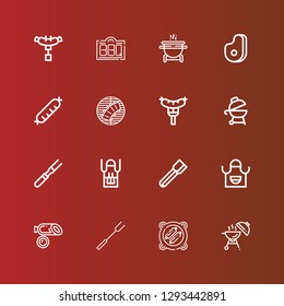 Editable 16 bbq icons for web and mobile. Set of bbq included icons line Barbecue, Bbq, Barbecue fork, Sausage, Apron, Tongs, Meat, Grill, Ribs on red