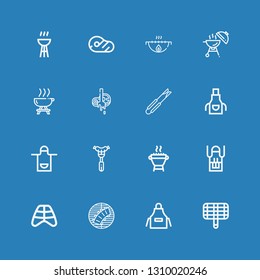 Editable 16 bbq icons for web and mobile. Set of bbq included icons line Grill, Apron, Ribs, Sausage, Tongs, Butcher, Barbecue, Meat, Bbq on blue background