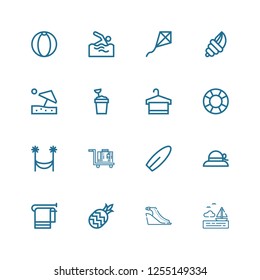 Editable 16 beach icons for web and mobile. Set of beach included icons line Sea, Sandals, Pineapple, Towel, Pamela, Surfboard, Luggage, Hammock, Lifesaver on white background