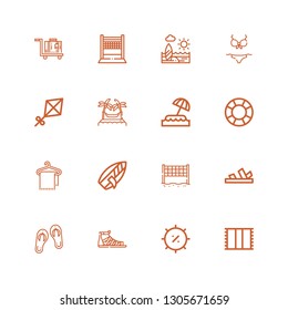 Editable 16 beach icons for web and mobile. Set of beach included icons line Towel, Summer, Sandals, Volley, Surfboard, Lifesaver, Island, Hammocks, Kite, Bikini on white background
