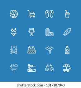 Editable 16 beach icons for web and mobile. Set of beach included icons line Beach, Sunglasses, Water ski, Sea, Sun cream, Palm tree, Jet ski, Chair, Surfboard on blue background