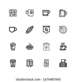 Editable 16 bean icons for web and mobile. Set of bean included icons line Break, Coffee beans, Tofu, Tea, Tea cup, Coffee bag, Pad thai, Red bean soup, Coffee on white background