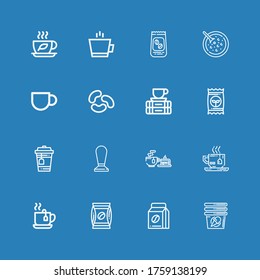 Editable 16 bean icons for web and mobile. Set of bean included icons line Cup, Coffee beans, Coffee, Tea, Seed, Break, Jelly beans, Coffee cup, Red bean soup on blue background